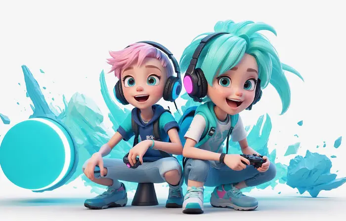 Playful Kids with Joysticks for Gaming 3D Style Illustration